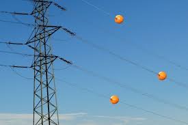 Multiple orange aerial marker balls attached to power lines against a blue sky.